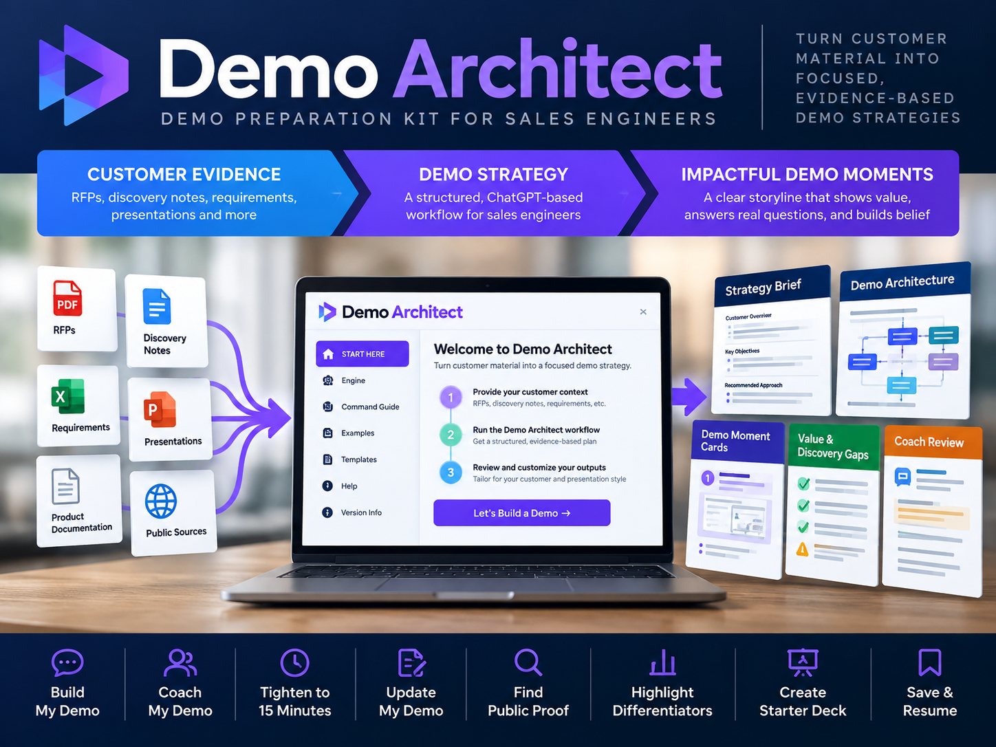Illustrated guide showing how Demo Architect turns RFPs, discovery notes, requirements and product materials into five demo-preparation outputs, followed by a three-step setup and refinement workflow in ChatGPT.